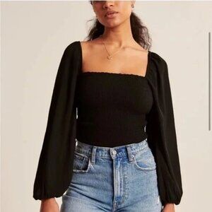 Abercrombie & Fitch Long Puff Sleeve Smocked Bodice Top Black XXS